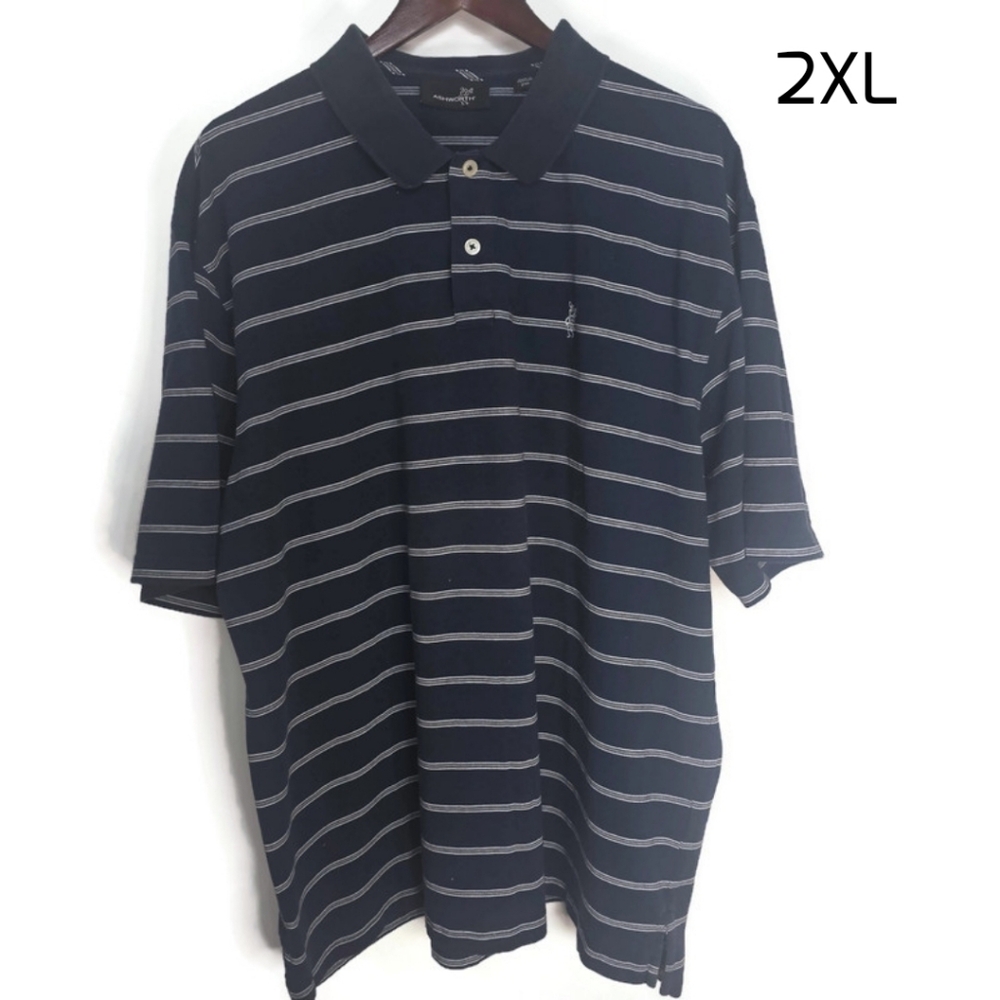 Ashworth Navy and White Striped Polo Shirt - 2XL